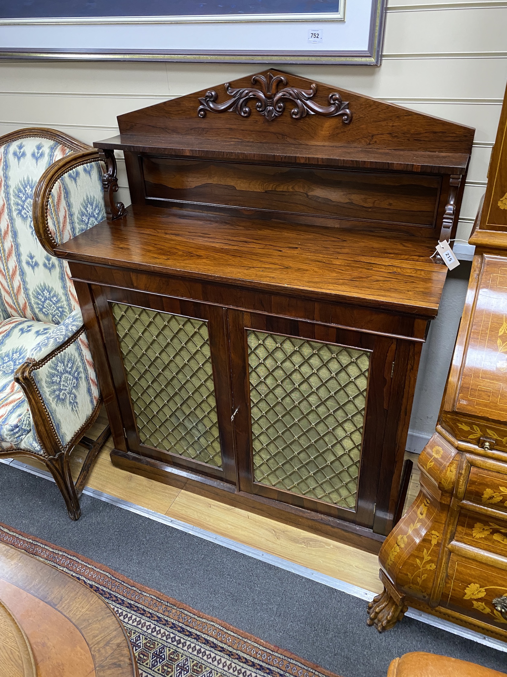 An early Victorian rosewood chiffonier, width 107cm, depth 42cm, height 132cm